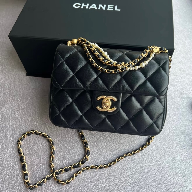 CHANEL香奈兒24P黑金菱格紋羊皮珍珠方胖子鏈條包🔗芯片款-0
