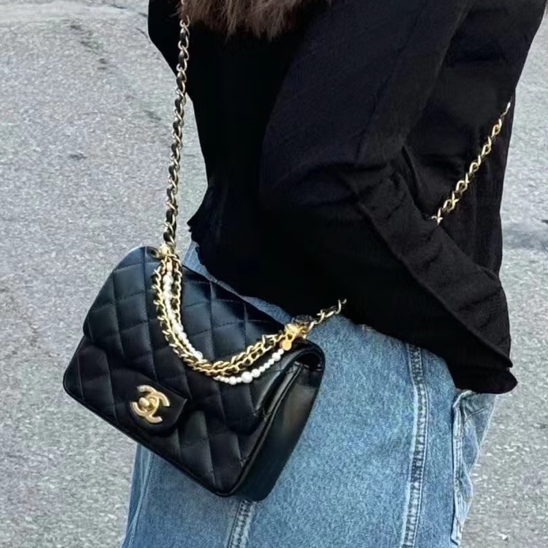 CHANEL香奈兒24P黑金菱格紋羊皮珍珠方胖子鏈條包🔗芯片款-2