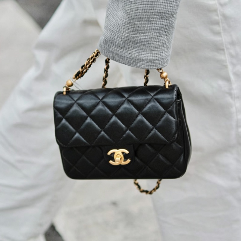 CHANEL香奈兒24P黑金菱格紋羊皮珍珠方胖子鏈條包🔗芯片款-3