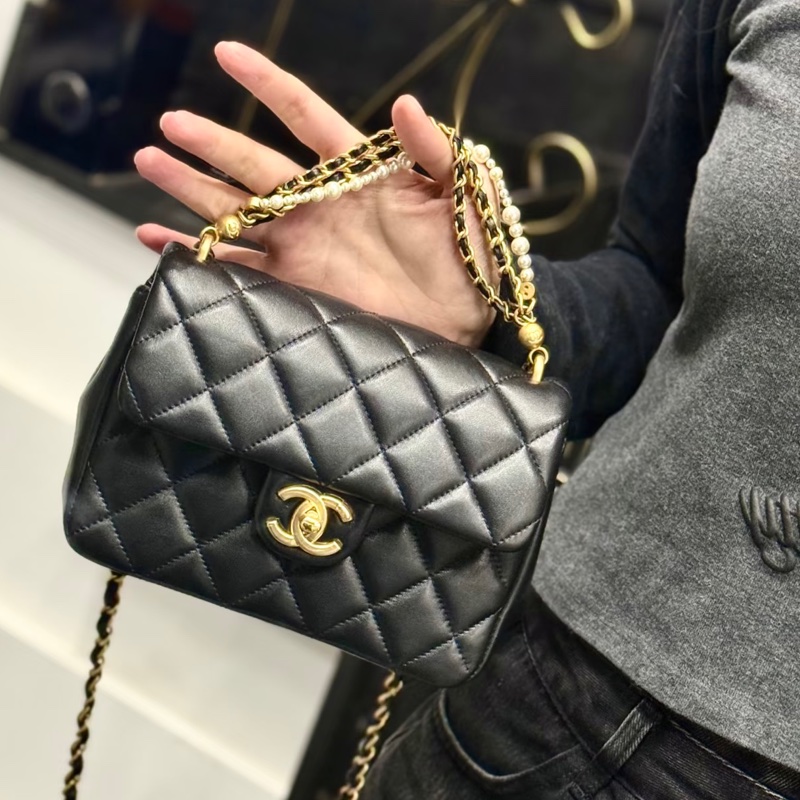 CHANEL香奈兒24P黑金菱格紋羊皮珍珠方胖子鏈條包🔗芯片款-4