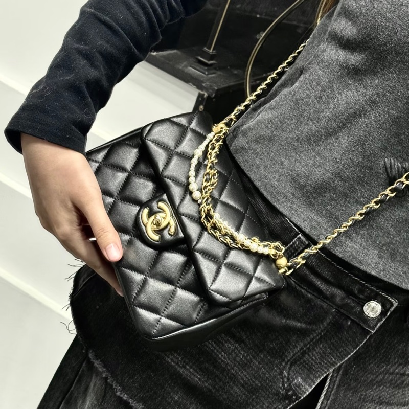 CHANEL香奈兒24P黑金菱格紋羊皮珍珠方胖子鏈條包🔗芯片款-5