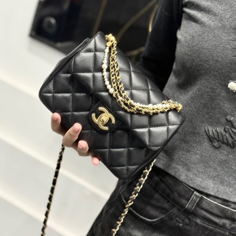 CHANEL香奈兒24P黑金菱格紋羊皮珍珠方胖子鏈條包🔗芯片款-6