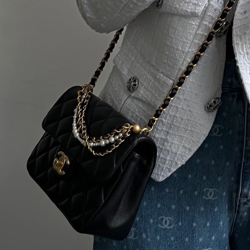CHANEL香奈兒24P黑金菱格紋羊皮珍珠方胖子鏈條包🔗芯片款-7