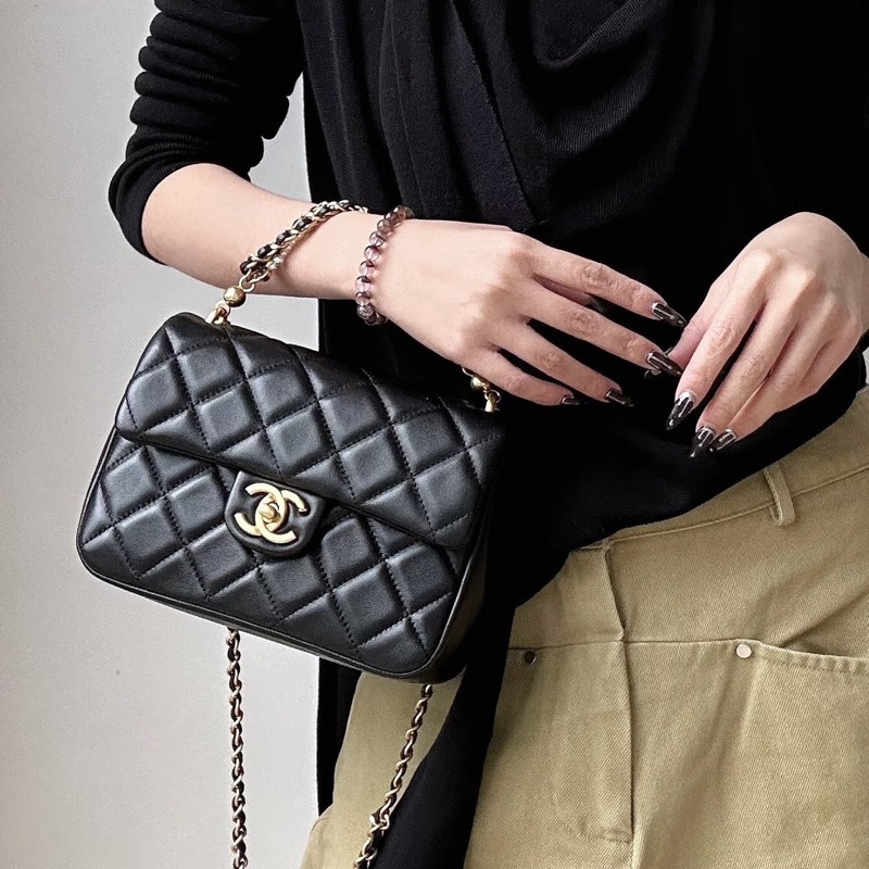 CHANEL香奈兒24P黑金菱格紋羊皮珍珠方胖子鏈條包🔗芯片款-8