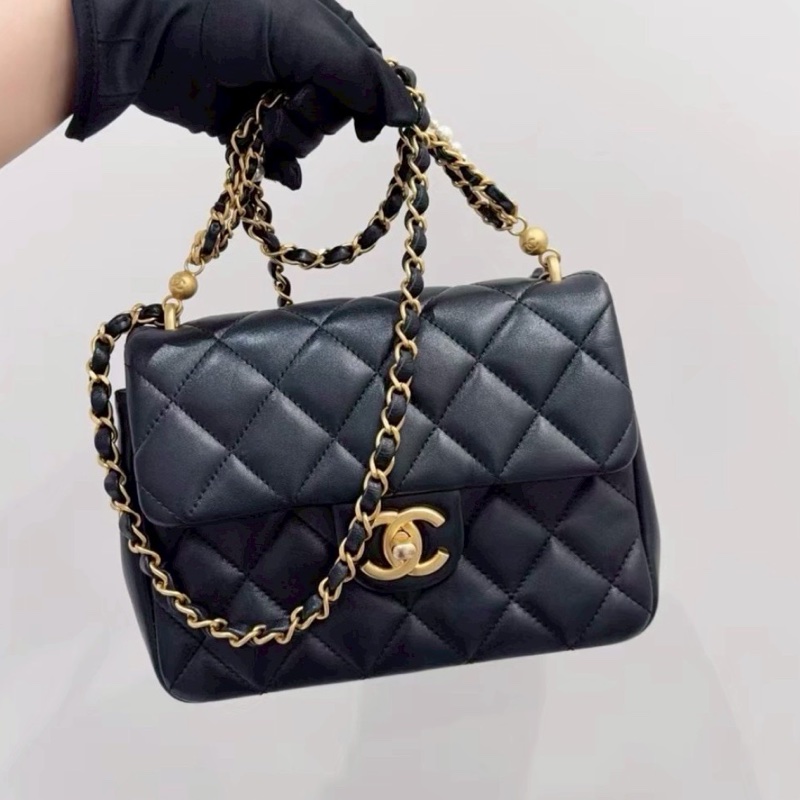 CHANEL香奈兒24P黑金菱格紋羊皮珍珠方胖子鏈條包🔗芯片款-10