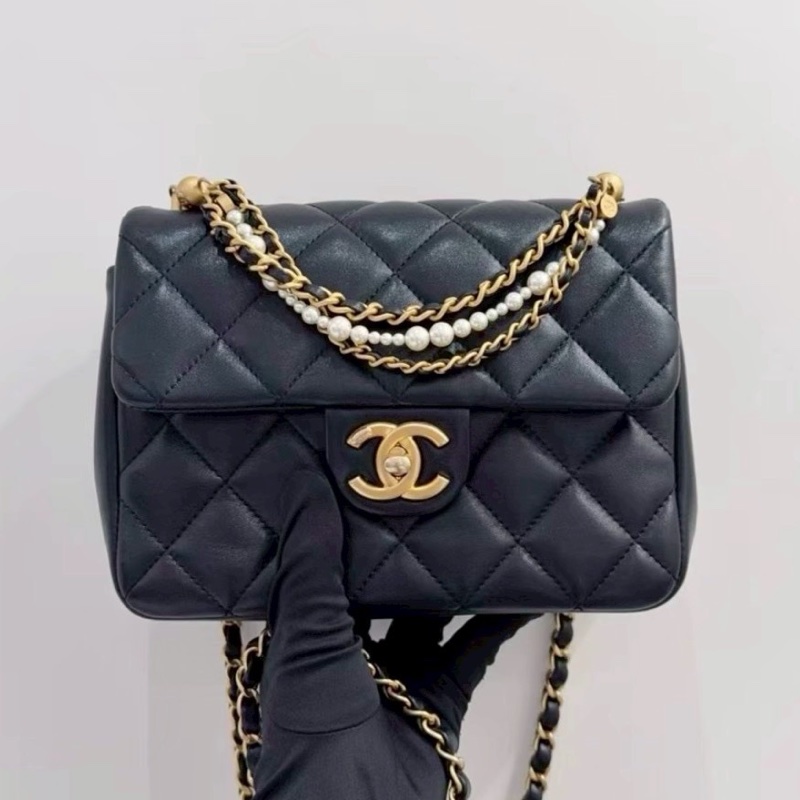 CHANEL香奈兒24P黑金菱格紋羊皮珍珠方胖子鏈條包🔗芯片款-11