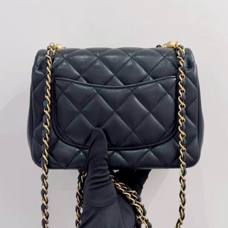 CHANEL香奈兒24P黑金菱格紋羊皮珍珠方胖子鏈條包🔗芯片款-12