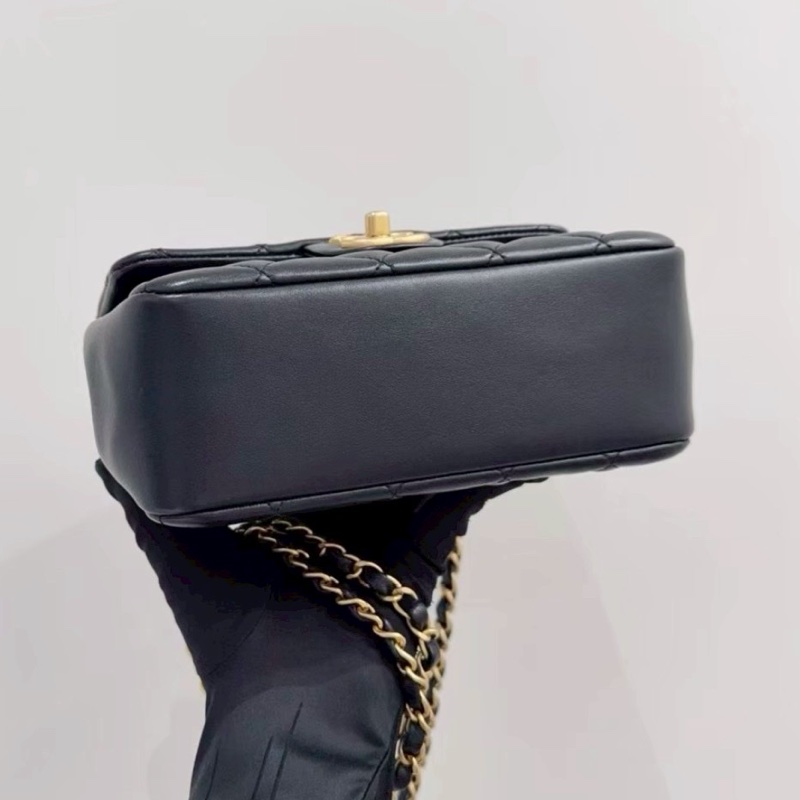 CHANEL香奈兒24P黑金菱格紋羊皮珍珠方胖子鏈條包🔗芯片款-13