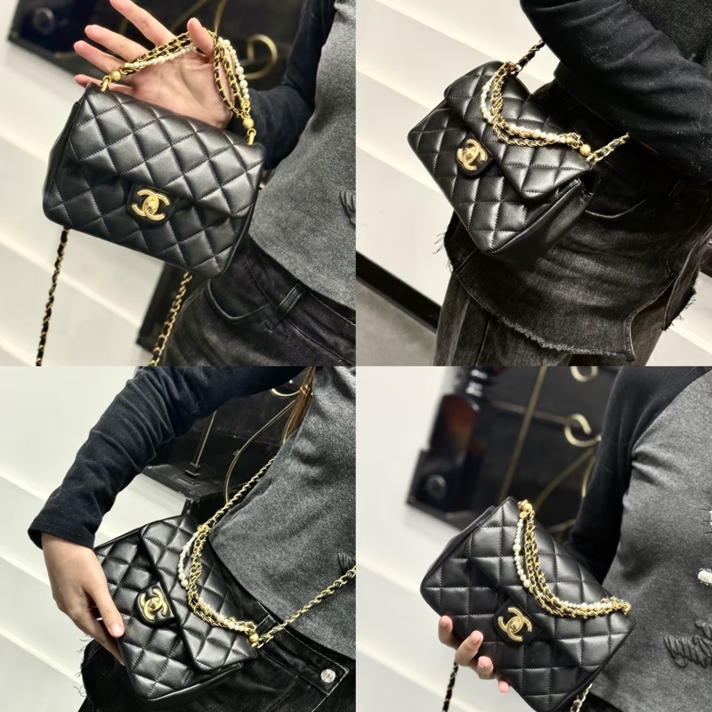 CHANEL香奈兒24P黑金菱格紋羊皮珍珠方胖子鏈條包🔗芯片款-15