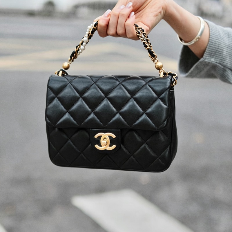 CHANEL香奈兒24P黑金菱格紋羊皮珍珠方胖子鏈條包🔗芯片款-17