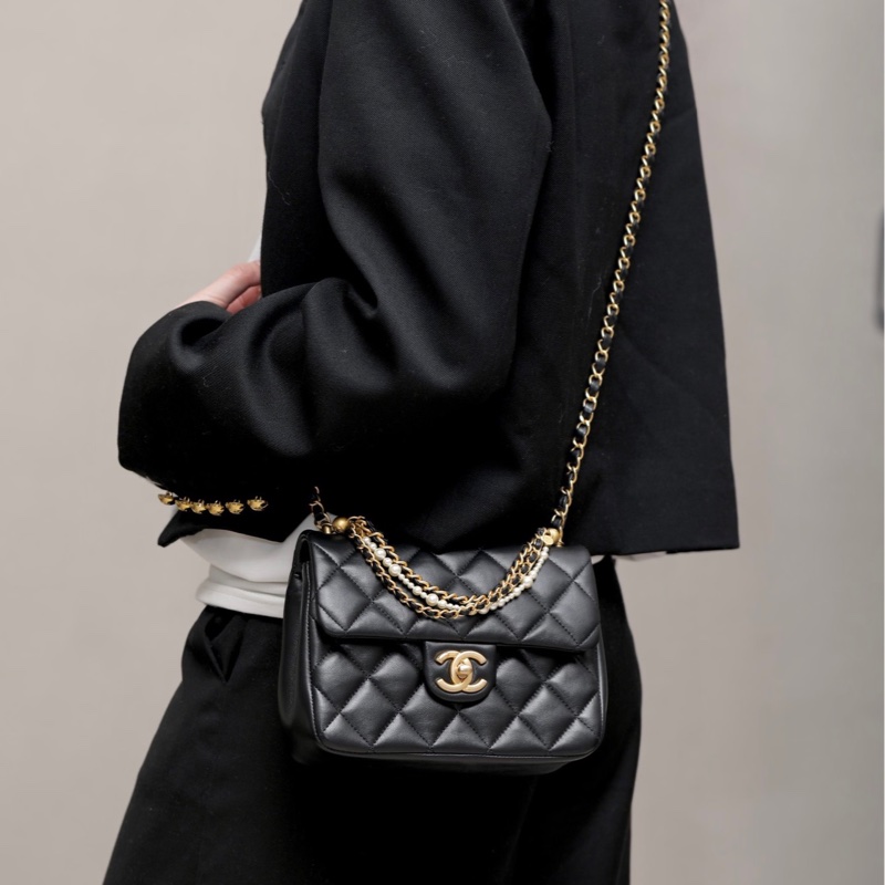 CHANEL香奈兒24P黑金菱格紋羊皮珍珠方胖子鏈條包🔗芯片款-21