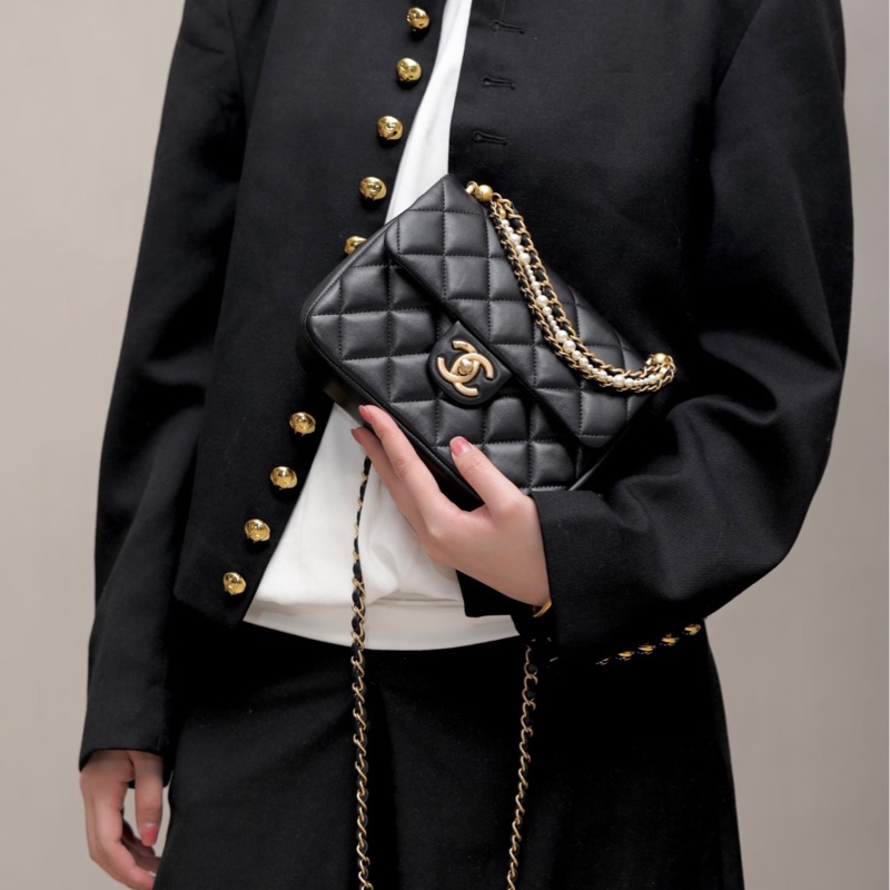 CHANEL香奈兒24P黑金菱格紋羊皮珍珠方胖子鏈條包🔗芯片款-22