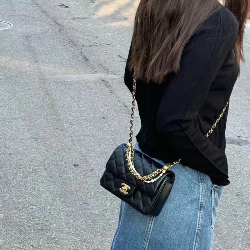 CHANEL香奈兒24P黑金菱格紋羊皮珍珠方胖子鏈條包🔗芯片款-24