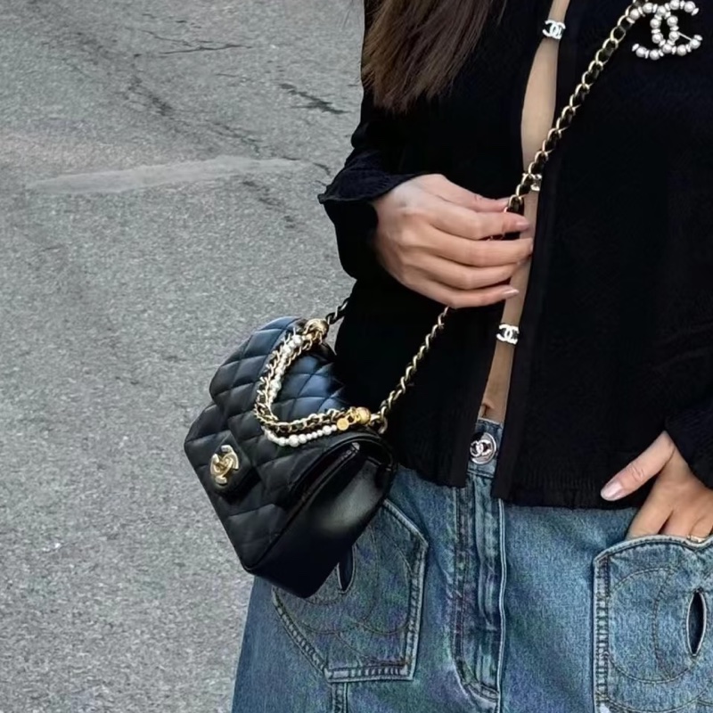 CHANEL香奈兒24P黑金菱格紋羊皮珍珠方胖子鏈條包🔗芯片款-25