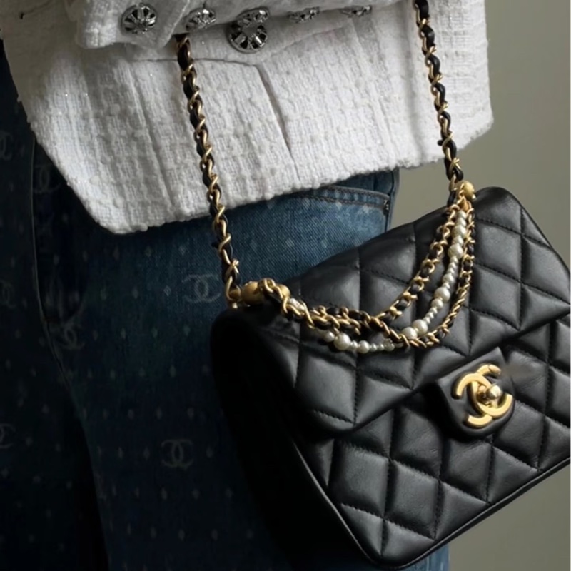 CHANEL香奈兒24P黑金菱格紋羊皮珍珠方胖子鏈條包🔗芯片款-26