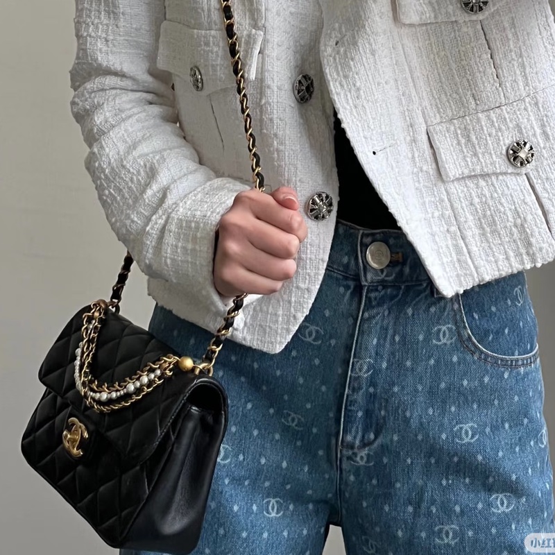 CHANEL香奈兒24P黑金菱格紋羊皮珍珠方胖子鏈條包🔗芯片款-27