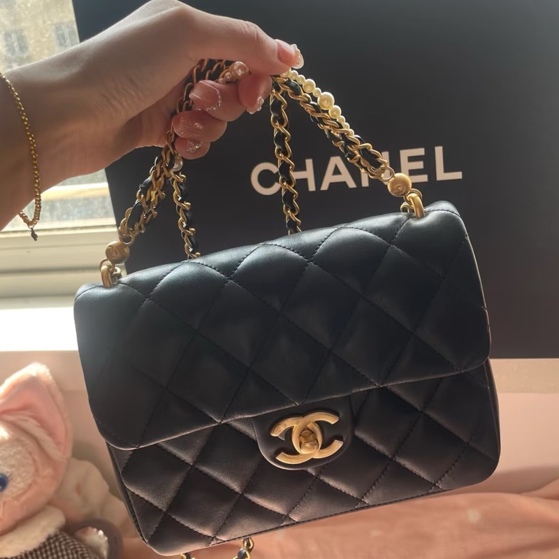 CHANEL香奈兒24P黑金菱格紋羊皮珍珠方胖子鏈條包🔗芯片款-28
