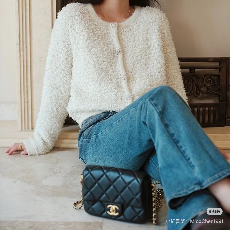 CHANEL香奈兒24P黑金菱格紋羊皮珍珠方胖子鏈條包🔗芯片款-30