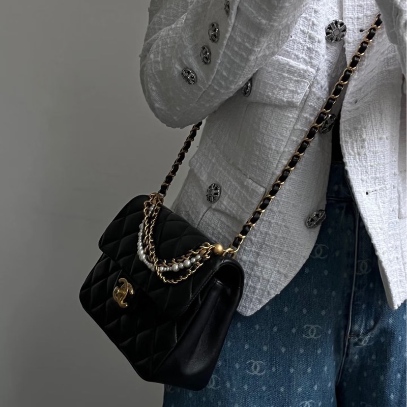 CHANEL香奈兒24P黑金菱格紋羊皮珍珠方胖子鏈條包🔗芯片款-33