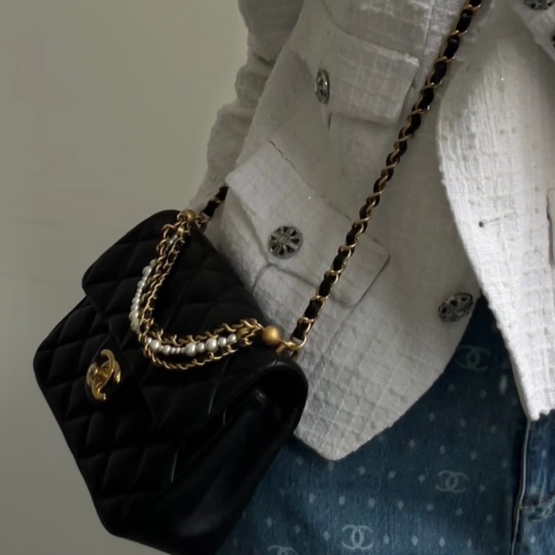 CHANEL香奈兒24P黑金菱格紋羊皮珍珠方胖子鏈條包🔗芯片款-35