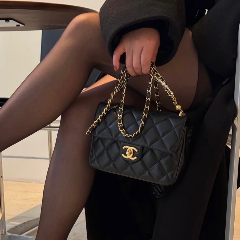 CHANEL香奈兒24P黑金菱格紋羊皮珍珠方胖子鏈條包🔗芯片款-36