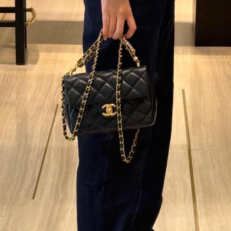 CHANEL香奈兒24P黑金菱格紋羊皮珍珠方胖子鏈條包🔗芯片款-37