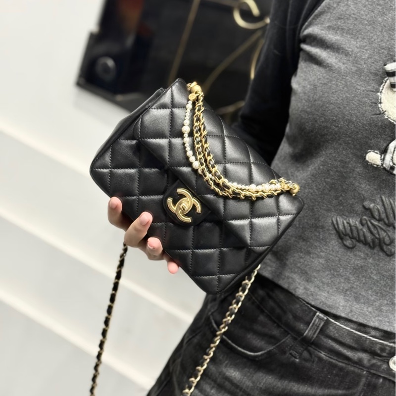 CHANEL香奈兒24P黑金菱格紋羊皮珍珠方胖子鏈條包🔗芯片款-38