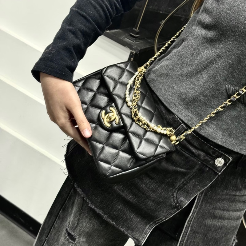 CHANEL香奈兒24P黑金菱格紋羊皮珍珠方胖子鏈條包🔗芯片款-39