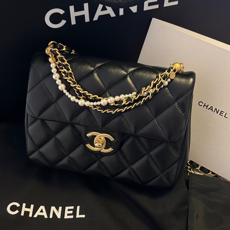 CHANEL香奈兒24P黑金菱格紋羊皮珍珠方胖子鏈條包🔗芯片款-41