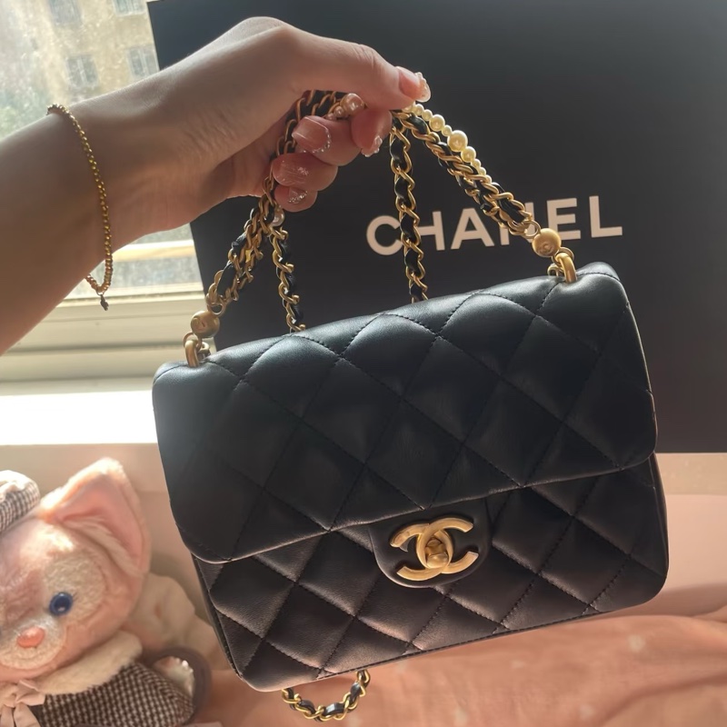CHANEL香奈兒24P黑金菱格紋羊皮珍珠方胖子鏈條包🔗芯片款-42