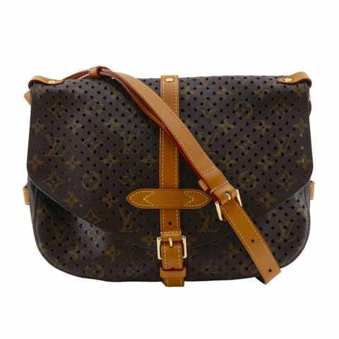 路易威登 Saumur PM 單肩包 M93998 Monogram Perfo Turquoise 2011 棕色 TJ4181 A5 皮帶扣 女士