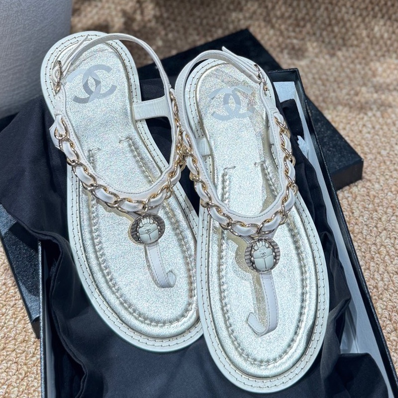 99新 Chanel 香奈兒 經典皮穿鏈夾趾涼鞋 淡金色 36碼-1