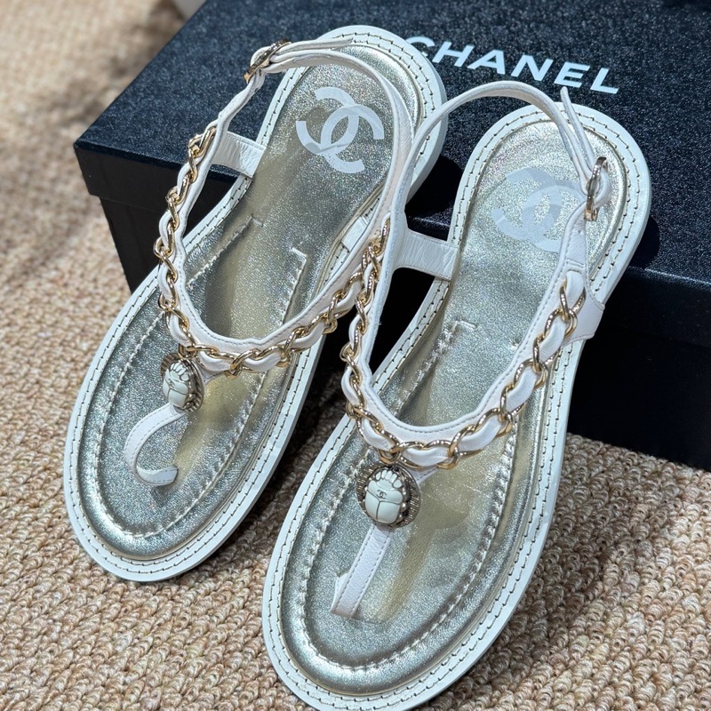 99新 Chanel 香奈兒 經典皮穿鏈夾趾涼鞋 淡金色 36碼-2