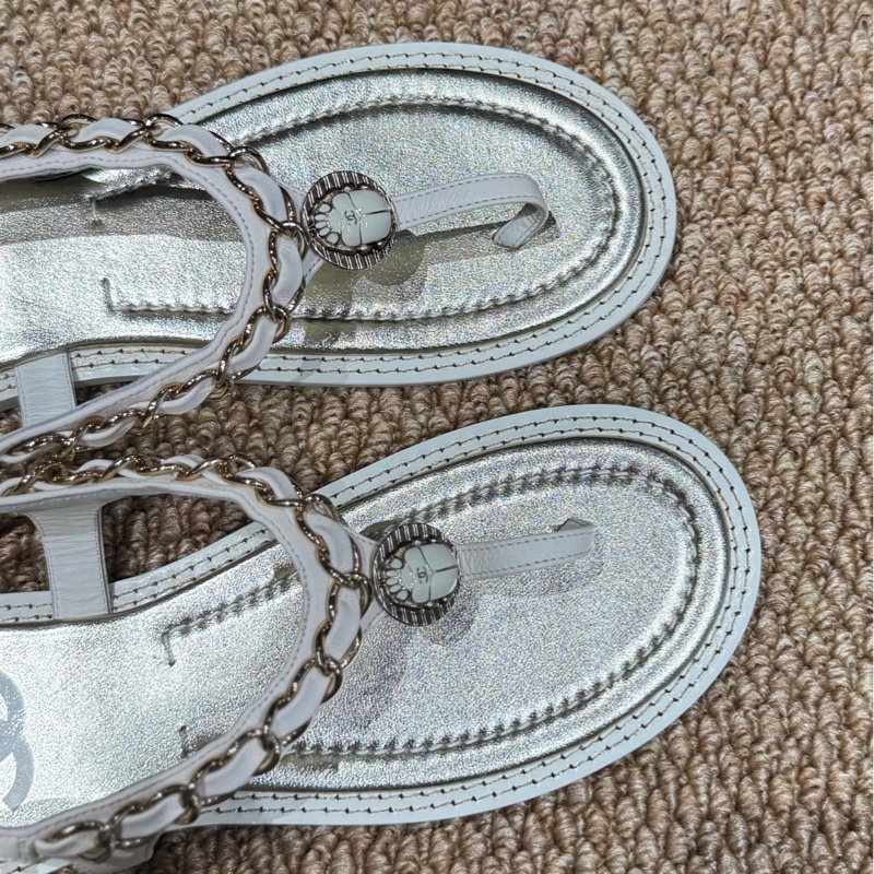 99新 Chanel 香奈兒 經典皮穿鏈夾趾涼鞋 淡金色 36碼-3