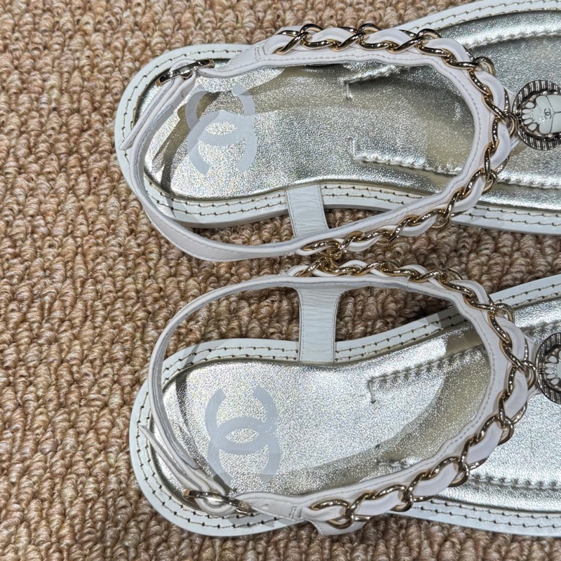 99新 Chanel 香奈兒 經典皮穿鏈夾趾涼鞋 淡金色 36碼-4