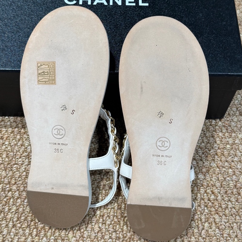 99新 Chanel 香奈兒 經典皮穿鏈夾趾涼鞋 淡金色 36碼-5