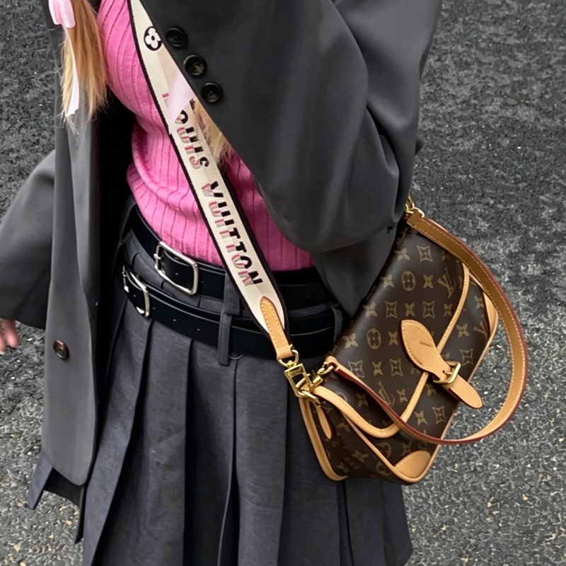 LOUISVUITTON路易威登老花Diane黑背帶法棍🥖包-28