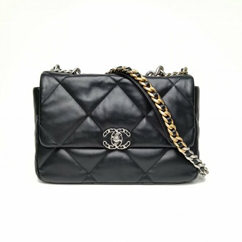 CHANEL 19BAG口蓋包中號30黑色羊皮晶片開金銀扣肩背包