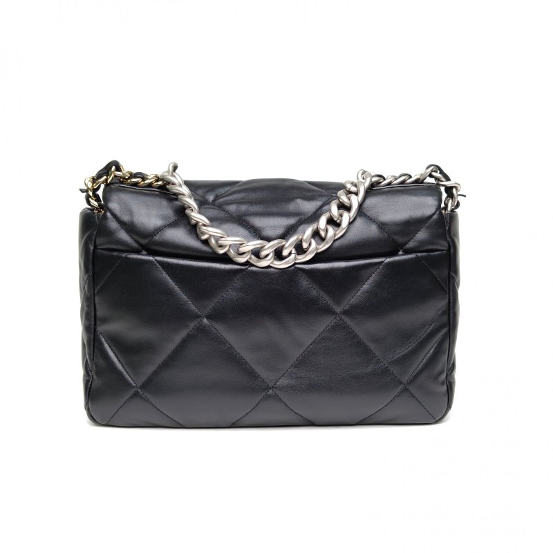 CHANEL 19BAG口蓋包中號30黑色羊皮晶片開金銀扣肩背包-2