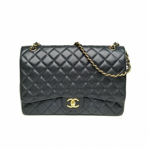 CHANEL CF口蓋包MAXI黑色荔枝牛皮16開金扣肩背包