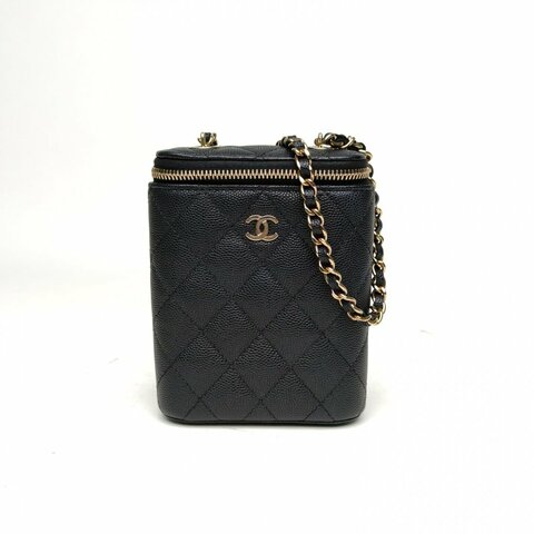 CHANEL 20B煙盒化妝包黑色荔枝牛皮鐳射標金扣菱格紋肩背包