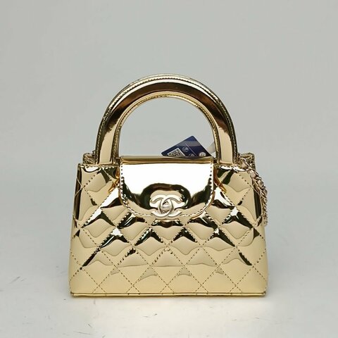CHANEL 金色漆皮晶片開金扣Kelly鏈條手提包小號26C肩背包