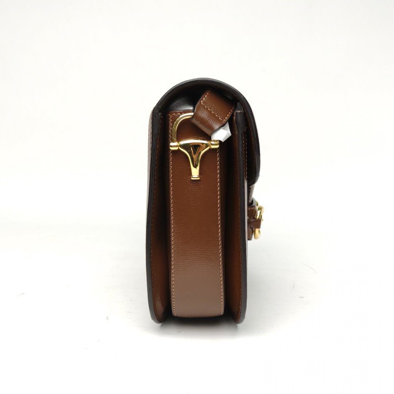 GUCCI Horsebit馬銜扣1955馬鞍包小號25棕色PVC金扣肩背包-3