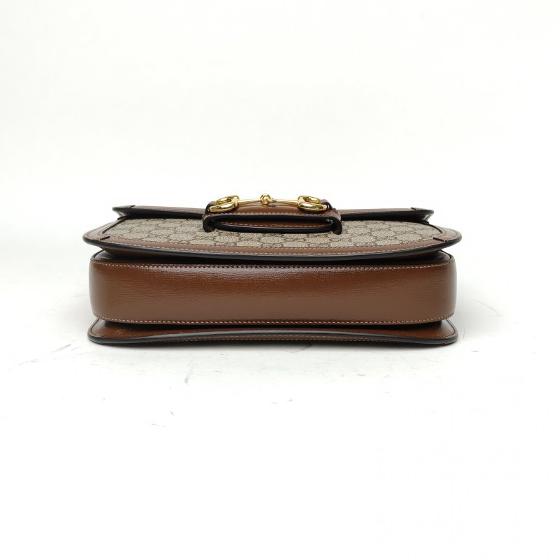 GUCCI Horsebit馬銜扣1955馬鞍包小號25棕色PVC金扣肩背包-4