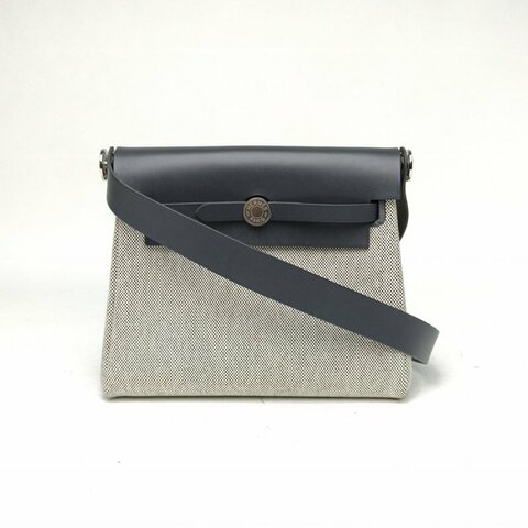 HERMES HerbagZip20帆布拼牛皮石板灰帆布/牛皮W刻銀扣肩背包