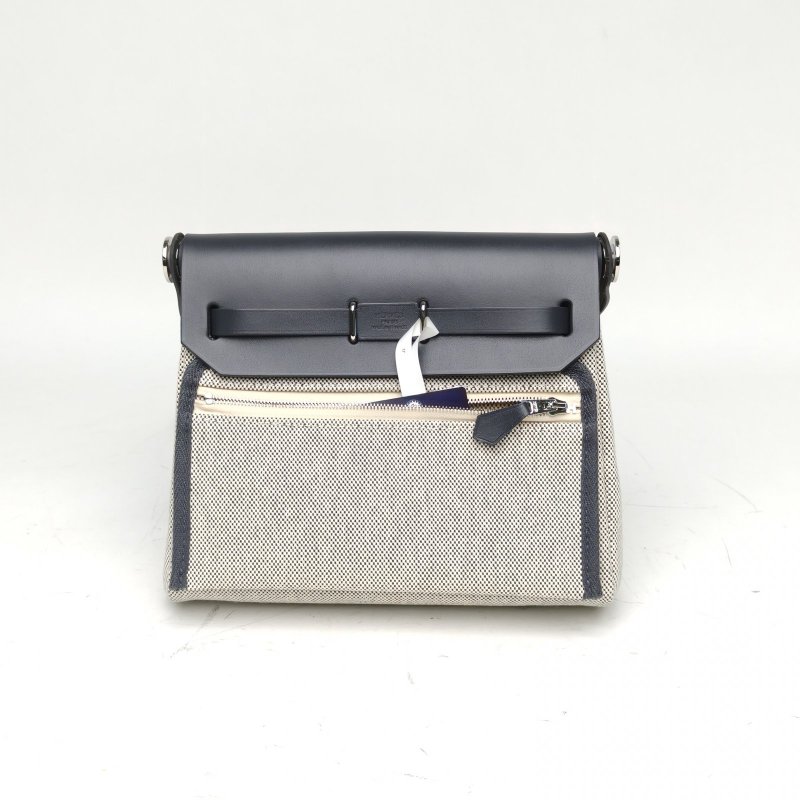 HERMES HerbagZip20帆布拼牛皮石板灰帆布/牛皮W刻銀扣肩背包-2