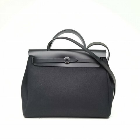 HERMES Herbag31黑色帆布/Hunter牛皮K2025銀扣肩背包