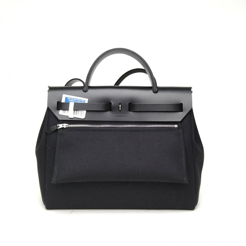 HERMES Herbag31黑色帆布/Hunter牛皮K2025銀扣肩背包-2