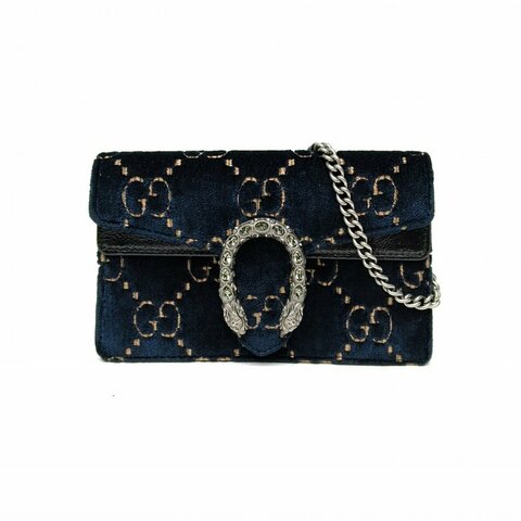 GUCCI 墨藍色天鵝絨鑽扣Dionysus酒神超Mini16.5肩背包