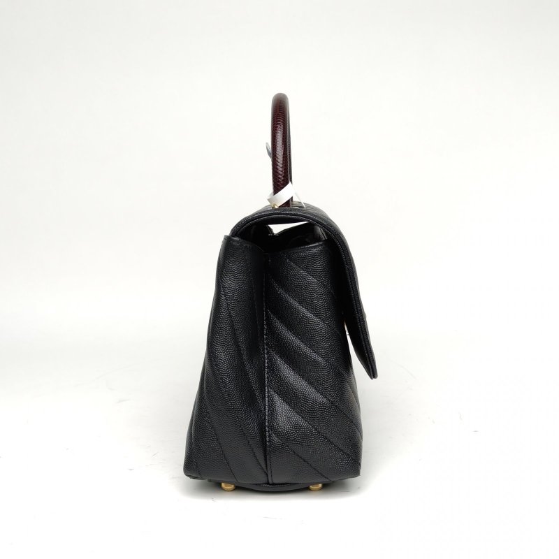 CHANEL CocoHandle中號黑色荔枝牛皮28開金扣V紋蜥蜴皮手柄肩背包-3